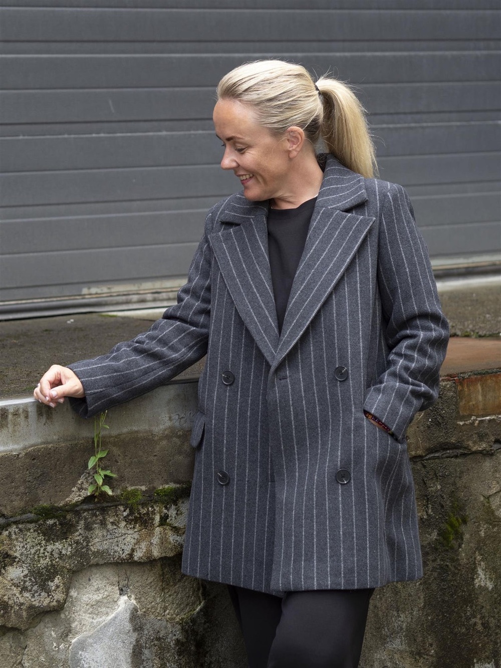 Double-Breasted Pinstripe Blazer Jacket - Gray